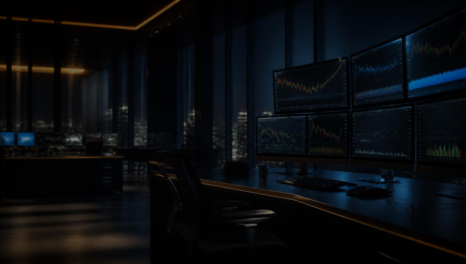 Quantum Capital trading floor at night with monitors showing market charts