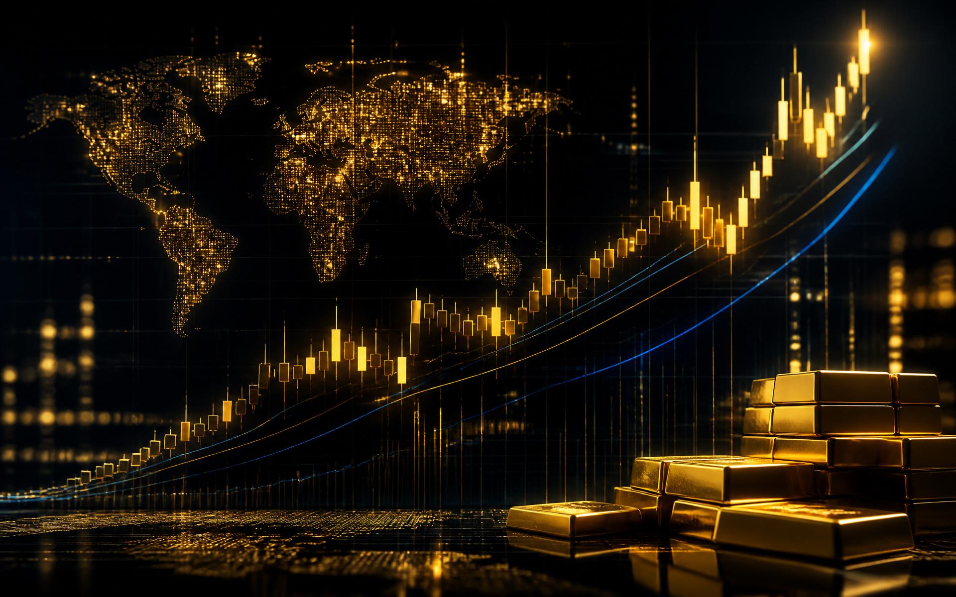 Gold trading charts and market data with blue and gold accent lighting